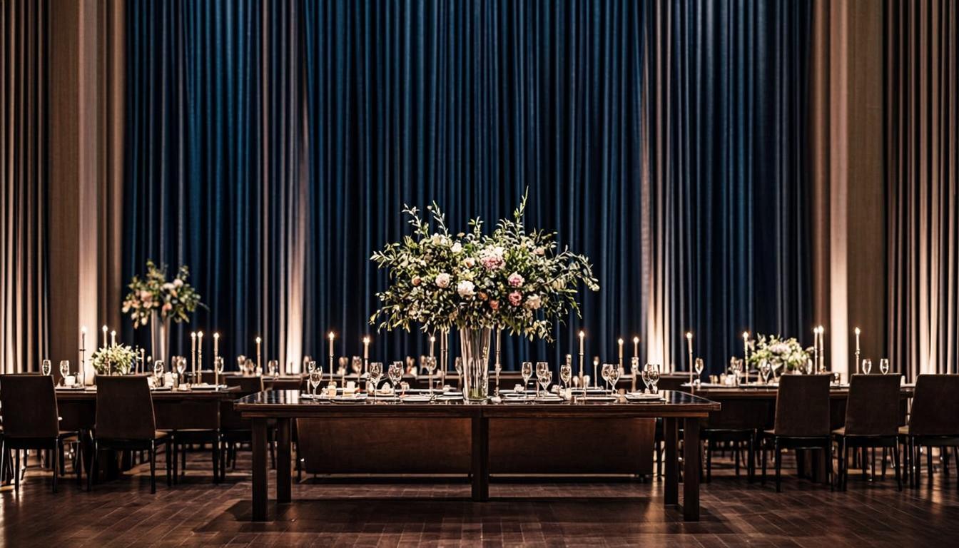 Atmospheric event venue at dusk being prepared with warm golden lighting